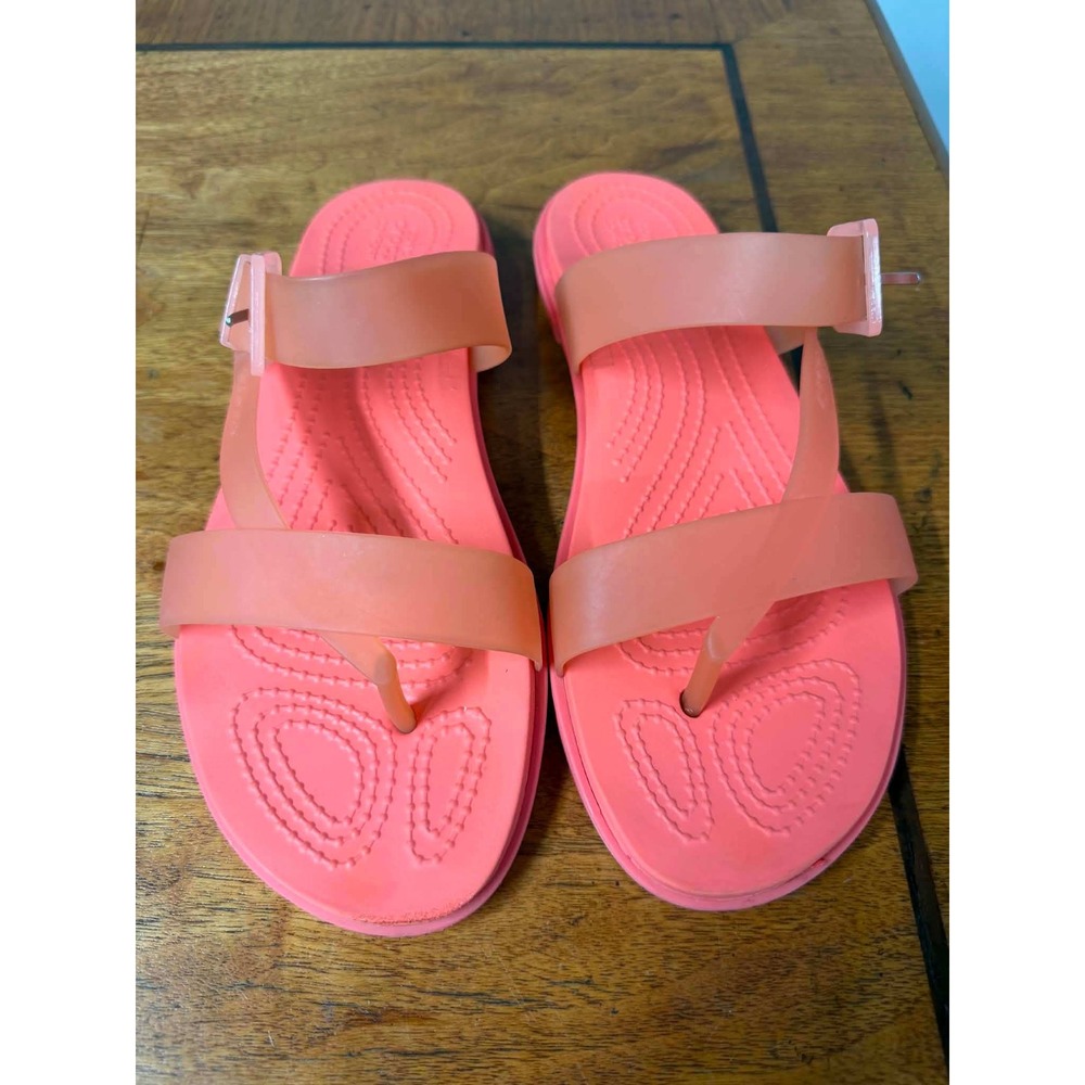 Crocs Womens 8 Coral Orange Pink Isabella T-Strap Sandal Jelly Strappy Comfort